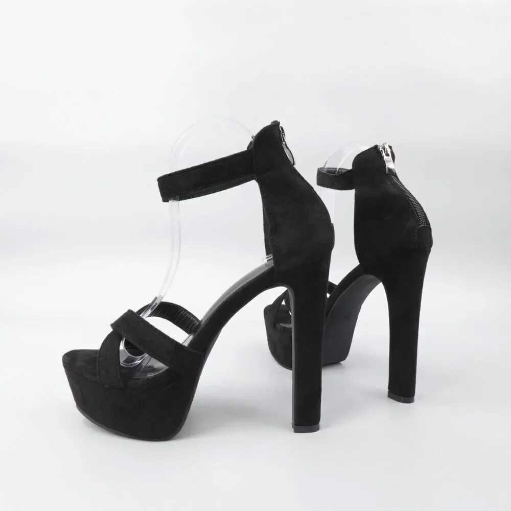 Black Chunky Platform Heels Size 7 Faux Suede Ankle Strap Pumps NIB